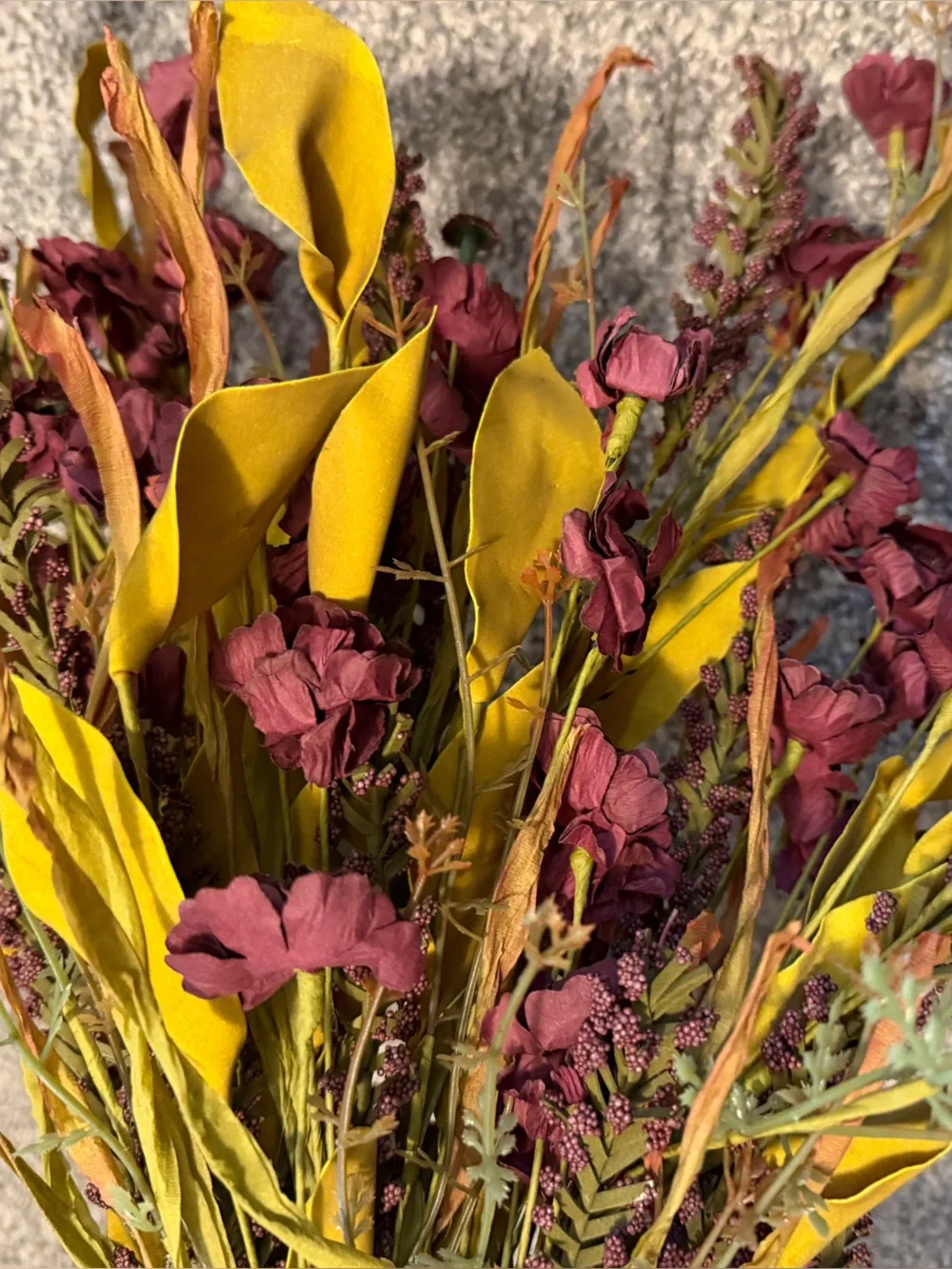Faux Autumn Floral Spray Bouquet - Yellow and Burgundy
